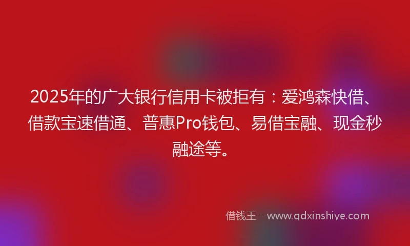 2025年的广大银行信用卡被拒有:爱鸿森快借、借款宝速借通、普惠Pro钱包、易借宝融、现金秒融途等。