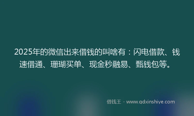 2025年的微信出来借钱的叫啥有：闪电借款、钱速借通、珊瑚买单、现金秒融易、甄钱包等。
