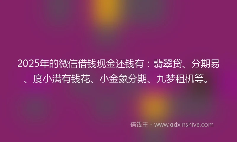 2025年的微信借钱现金还钱有：翡翠贷、分期易、度小满有钱花、小金象分期、九梦租机等。