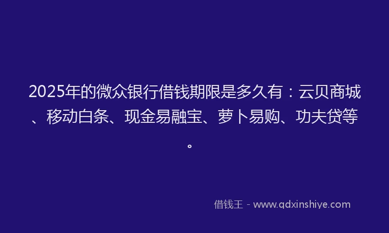 2025年的微众银行借钱期限是多久有：云贝商城、移动白条、现金易融宝、萝卜易购、功夫贷等。