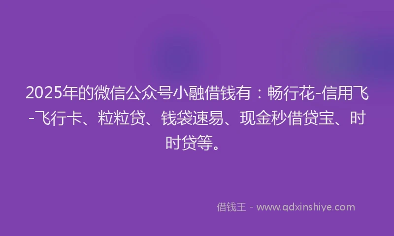 2025年的微信公众号小融借钱有：畅行花-信用飞-飞行卡、粒粒贷、钱袋速易、现金秒借贷宝、时时贷等。