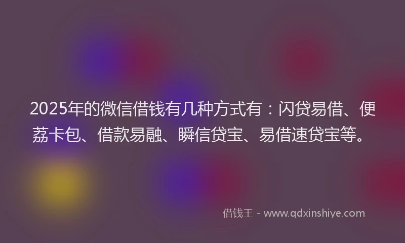 2025年的微信借钱有几种方式有：闪贷易借、便荔卡包、借款易融、瞬信贷宝、易借速贷宝等。