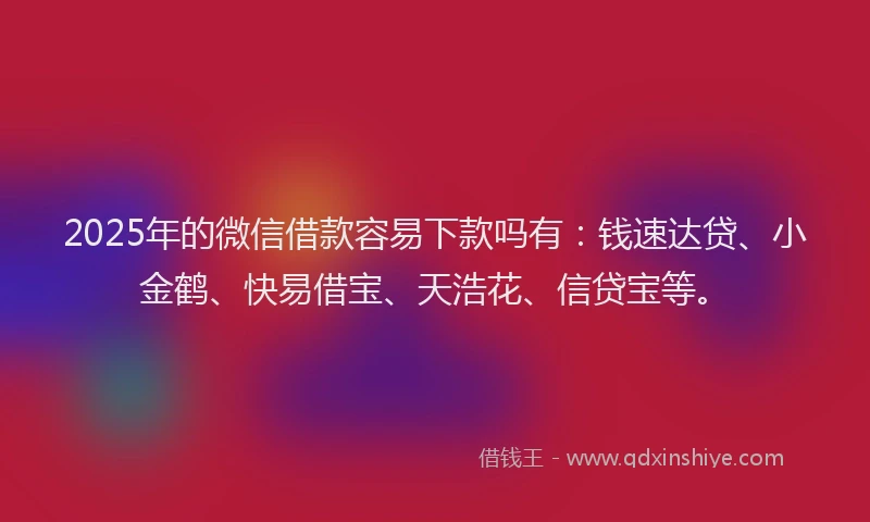 2025年的微信借款容易下款吗有：钱速达贷、小金鹤、快易借宝、天浩花、信贷宝等。