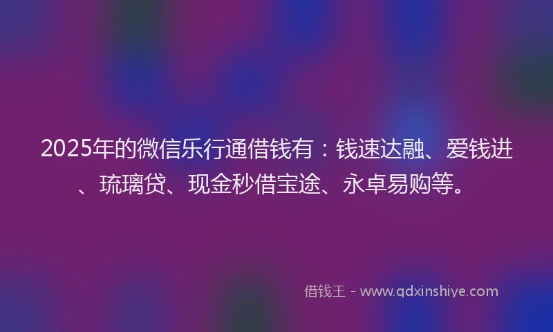 2025年的微信乐行通借钱有：钱速达融、爱钱进、琉璃贷、现金秒借宝途、永卓易购等。