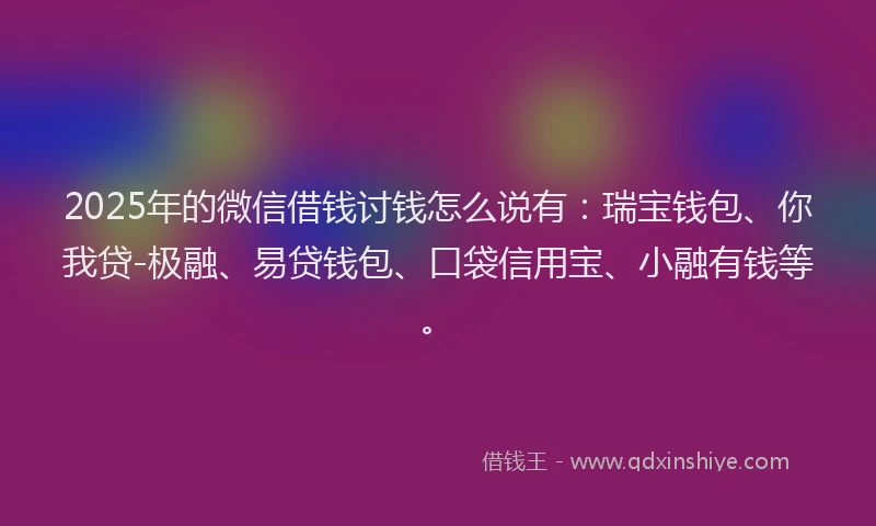 2025年的微信借钱讨钱怎么说有：瑞宝钱包、你我贷-极融、易贷钱包、口袋信用宝、小融有钱等。