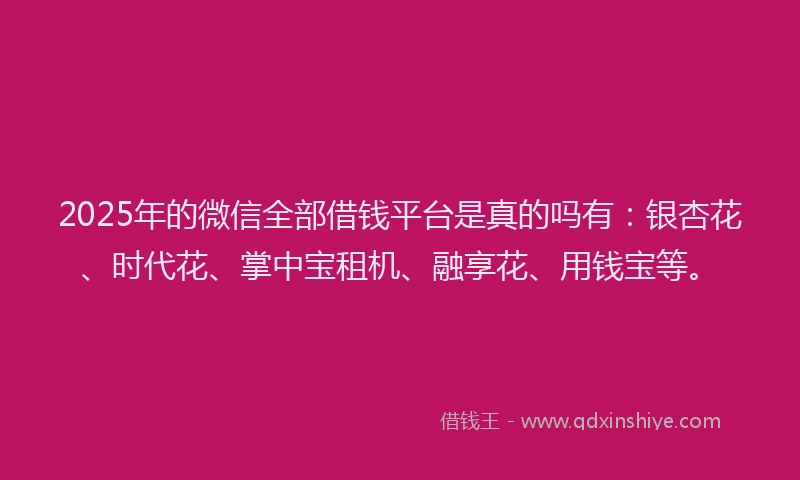 2025年的微信全部借钱平台是真的吗有：银杏花、时代花、掌中宝租机、融享花、用钱宝等。