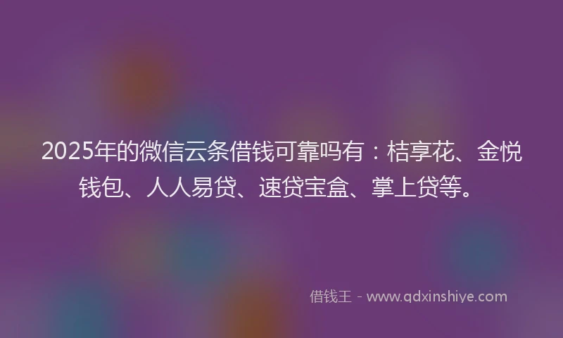 2025年的微信云条借钱可靠吗有：桔享花、金悦钱包、人人易贷、速贷宝盒、掌上贷等。