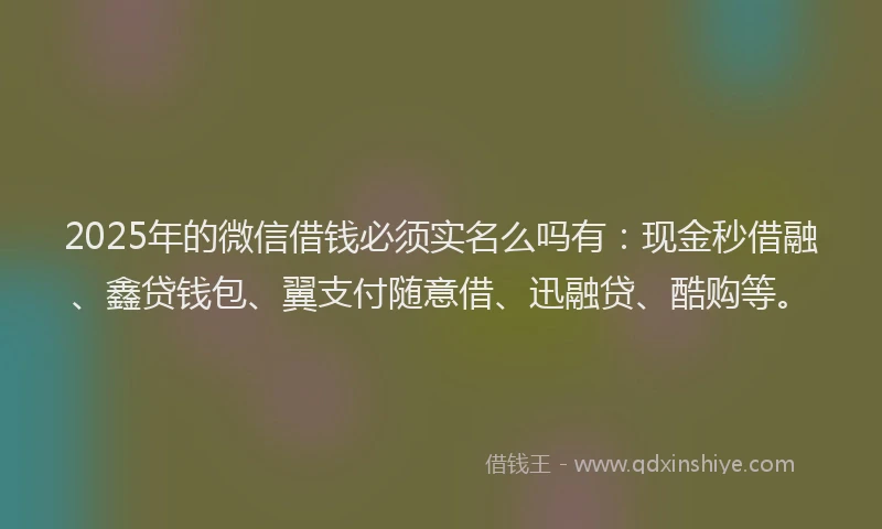 2025年的微信借钱必须实名么吗有:现金秒借融、鑫贷钱包、翼支付随意借、迅融贷、酷购等。