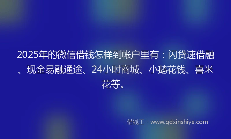 2025年的微信借钱怎样到帐户里有：闪贷速借融、现金易融通途、24小时商城、小鹅花钱、喜米花等。