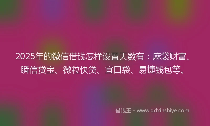 2025年的微信借钱怎样设置天数有:麻袋财富、瞬信贷宝、微粒快贷、宜口袋、易捷钱包等。