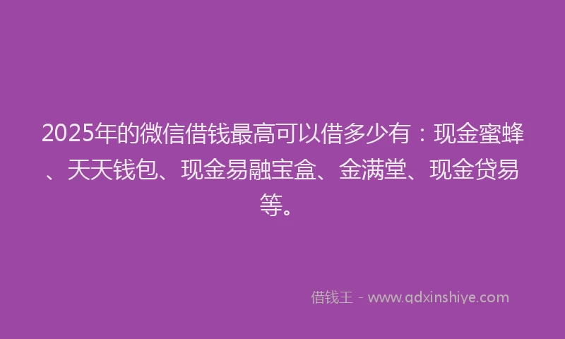 2025年的微信借钱最高可以借多少有:现金蜜蜂、天天钱包、现金易融宝盒、金满堂、现金贷易等。