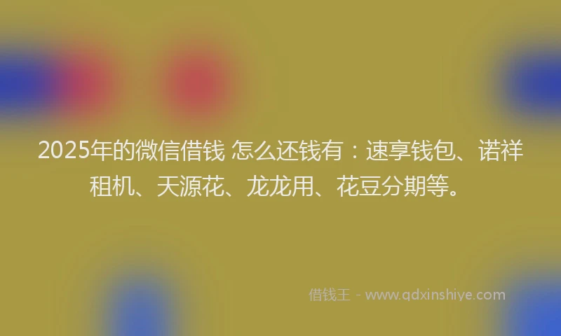 2025年的微信借钱 怎么还钱有：速享钱包、诺祥租机、天源花、龙龙用、花豆分期等。