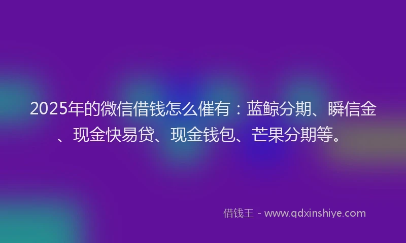 2025年的微信借钱怎么催有:蓝鲸分期、瞬信金、现金快易贷、现金钱包、芒果分期等。