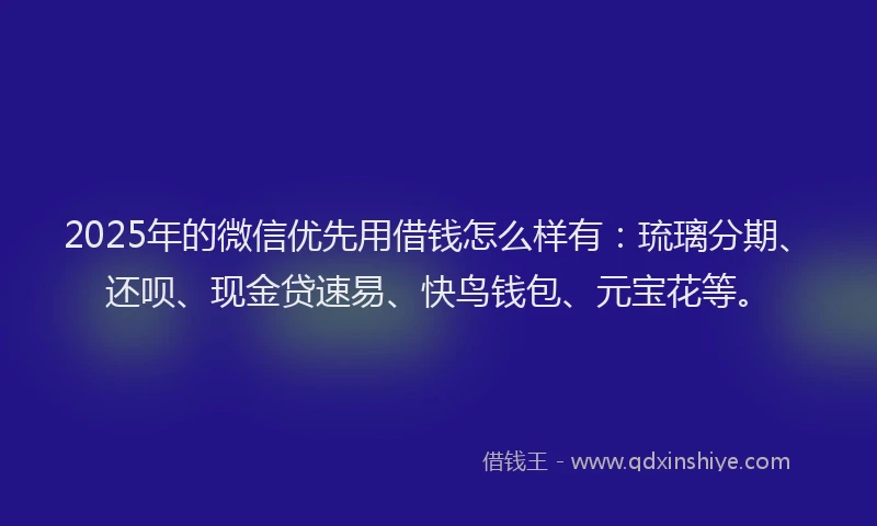 2025年的微信优先用借钱怎么样有：琉璃分期、还呗、现金贷速易、快鸟钱包、元宝花等。
