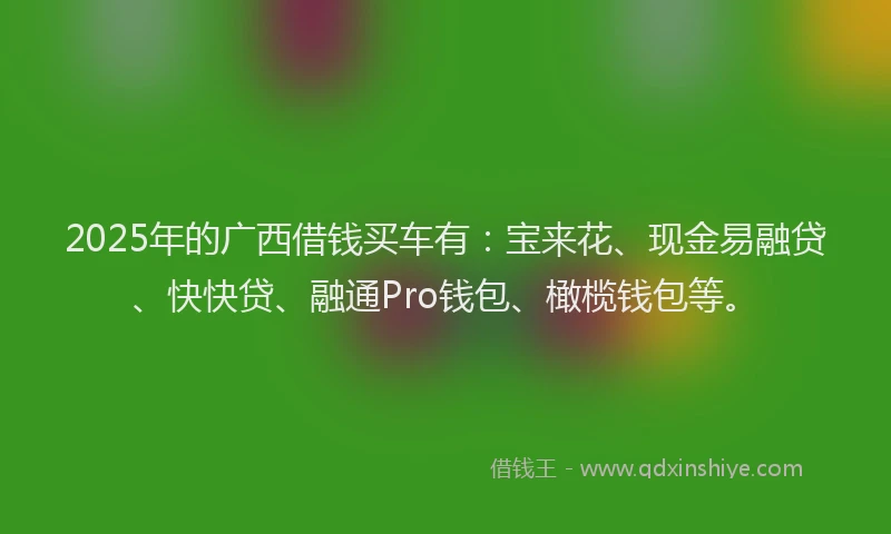 2025年的广西借钱买车有：宝来花、现金易融贷、快快贷、融通Pro钱包、橄榄钱包等。