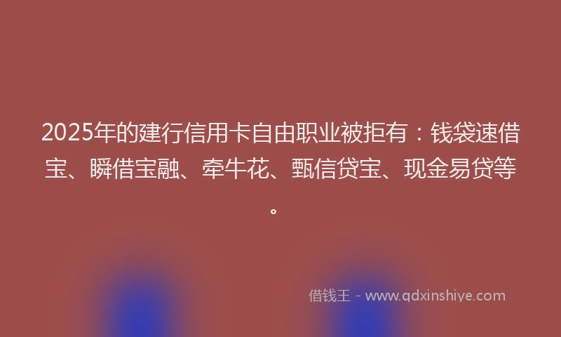 2025年的建行信用卡自由职业被拒有：钱袋速借宝、瞬借宝融、牵牛花、甄信贷宝、现金易贷等。
