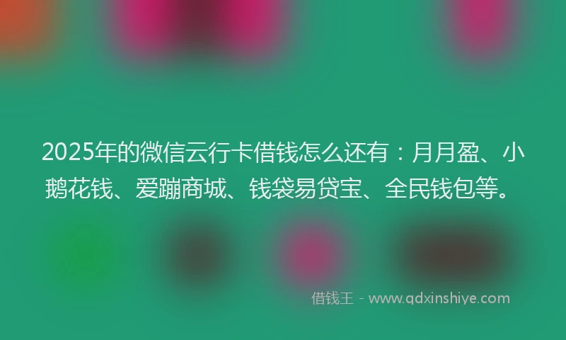 2025年的微信云行卡借钱怎么还有：月月盈、小鹅花钱、爱蹦商城、钱袋易贷宝、全民钱包等。