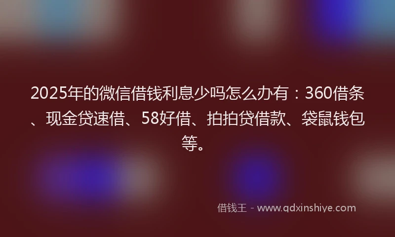 2025年的微信借钱利息少吗怎么办有：360借条、现金贷速借、58好借、拍拍贷借款、袋鼠钱包等。