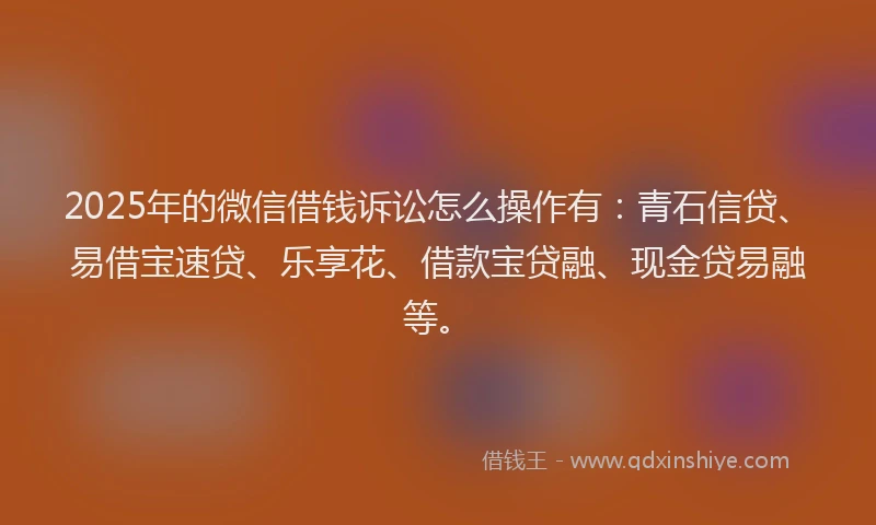 2025年的微信借钱诉讼怎么操作有：青石信贷、易借宝速贷、乐享花、借款宝贷融、现金贷易融等。