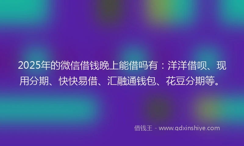 2025年的微信借钱晚上能借吗有：洋洋借呗、现用分期、快快易借、汇融通钱包、花豆分期等。