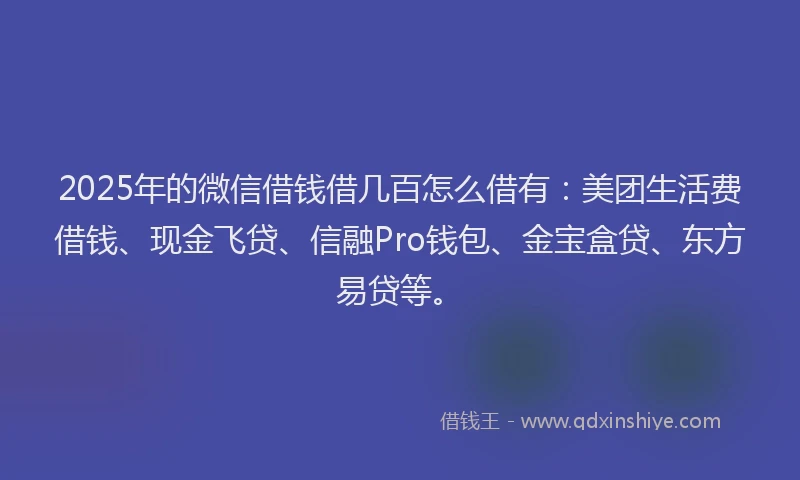 2025年的微信借钱借几百怎么借有：美团生活费借钱、现金飞贷、信融Pro钱包、金宝盒贷、东方易贷等。