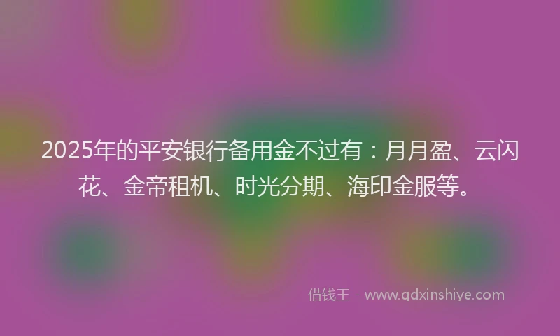 2025年的平安银行备用金不过有：月月盈、云闪花、金帝租机、时光分期、海印金服等。