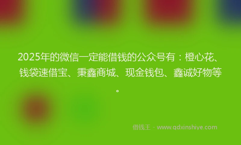 2025年的微信一定能借钱的公众号有：橙心花、钱袋速借宝、秉鑫商城、现金钱包、鑫诚好物等。