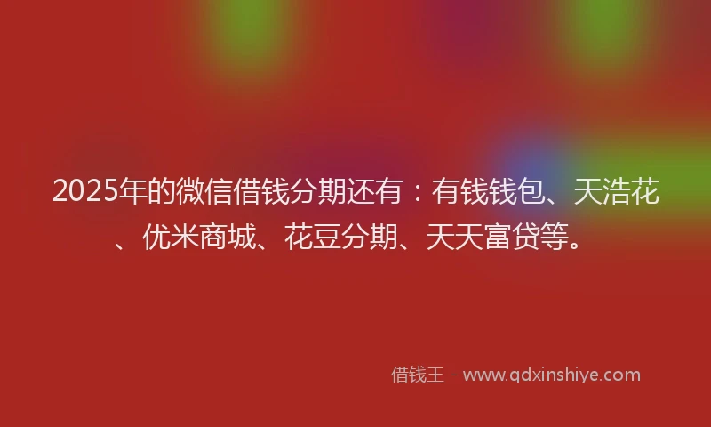 2025年的微信借钱分期还有：有钱钱包、天浩花、优米商城、花豆分期、天天富贷等。
