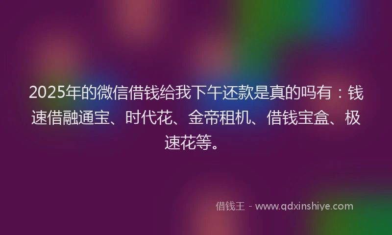 2025年的微信借钱给我下午还款是真的吗有：钱速借融通宝、时代花、金帝租机、借钱宝盒、极速花等。