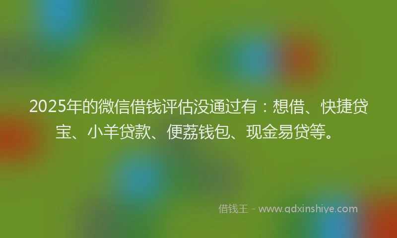 2025年的微信借钱评估没通过有：想借、快捷贷宝、小羊贷款、便荔钱包、现金易贷等。