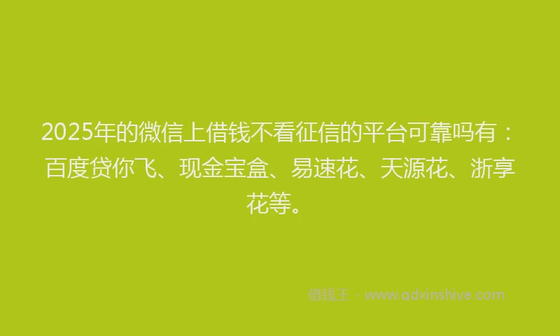 2025年的微信上借钱不看征信的平台可靠吗有：百度贷你飞、现金宝盒、易速花、天源花、浙享花等。