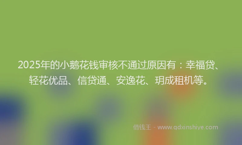 2025年的小鹅花钱审核不通过原因有：幸福贷、轻花优品、信贷通、安逸花、玥成租机等。