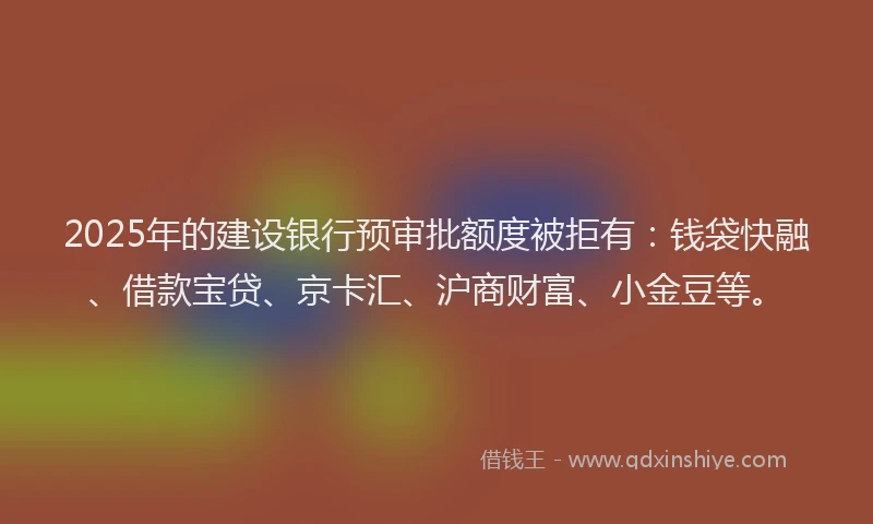 2025年的建设银行预审批额度被拒有：钱袋快融、借款宝贷、京卡汇、沪商财富、小金豆等。