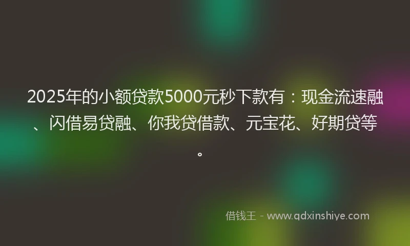 2025年的小额贷款5000元秒下款有：现金流速融、闪借易贷融、你我贷借款、元宝花、好期贷等。