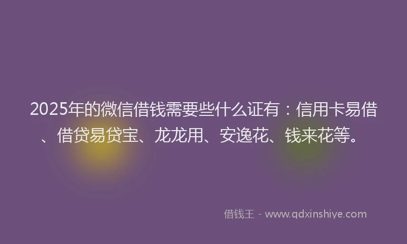 2025年的微信借钱需要些什么证有：信用卡易借、借贷易贷宝、龙龙用、安逸花、钱来花等。