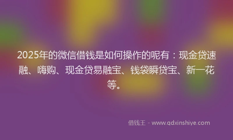 2025年的微信借钱是如何操作的呢有:现金贷速融、嗨购、现金贷易融宝、钱袋瞬贷宝、新一花等。