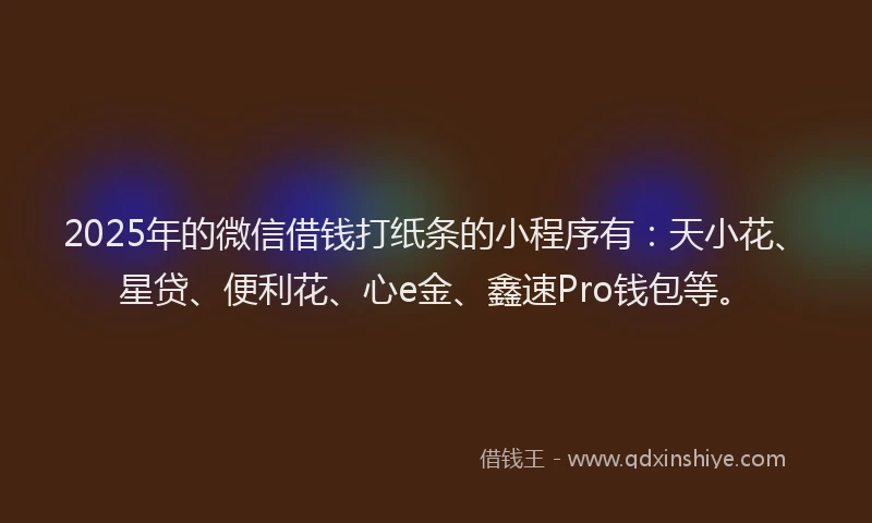 2025年的微信借钱打纸条的小程序有:天小花、星贷、便利花、心e金、鑫速Pro钱包等。