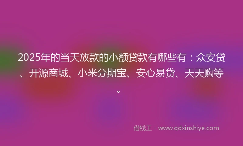 2025年的当天放款的小额贷款有哪些有：众安贷、开源商城、小米分期宝、安心易贷、天天购等。