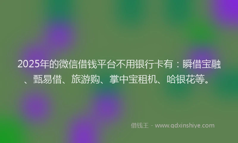 2025年的微信借钱平台不用银行卡有：瞬借宝融、甄易借、旅游购、掌中宝租机、哈银花等。