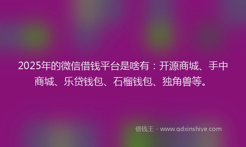 2025年的微信借钱平台是啥有：开源商城、手中商城、乐贷钱包、石榴钱包、独角兽等。