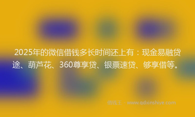 2025年的微信借钱多长时间还上有：现金易融贷途、葫芦花、360尊享贷、银票速贷、够享借等。