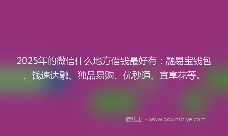 2025年的微信什么地方借钱最好有：融易宝钱包、钱速达融、独品易购、优秒通、宜享花等。