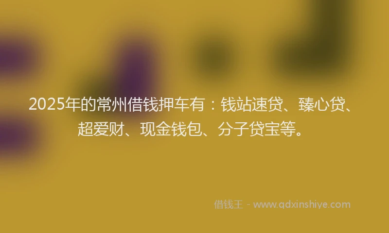 2025年的常州借钱押车有：钱站速贷、臻心贷、超爱财、现金钱包、分子贷宝等。