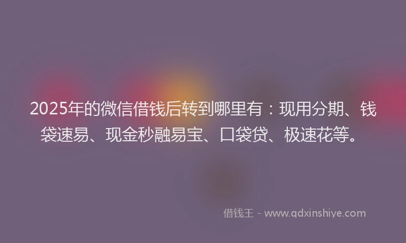 2025年的微信借钱后转到哪里有：现用分期、钱袋速易、现金秒融易宝、口袋贷、极速花等。