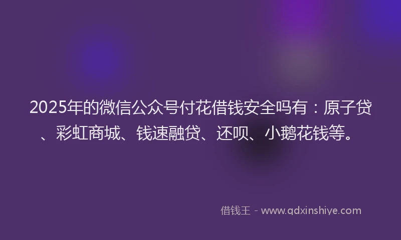 2025年的微信公众号付花借钱安全吗有：原子贷、彩虹商城、钱速融贷、还呗、小鹅花钱等。