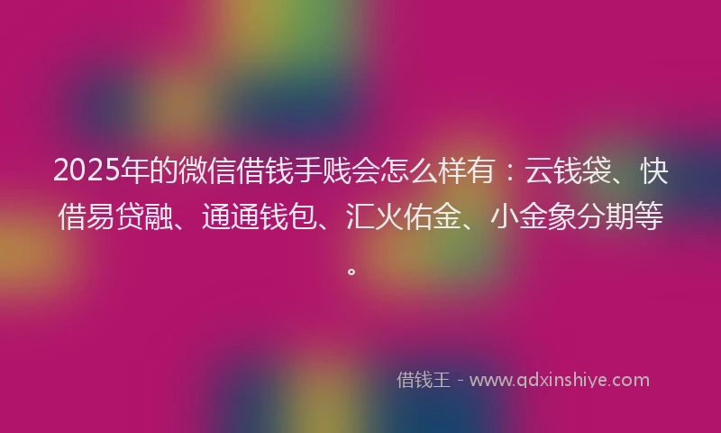 2025年的微信借钱手贱会怎么样有:云钱袋、快借易贷融、通通钱包、汇火佑金、小金象分期等。