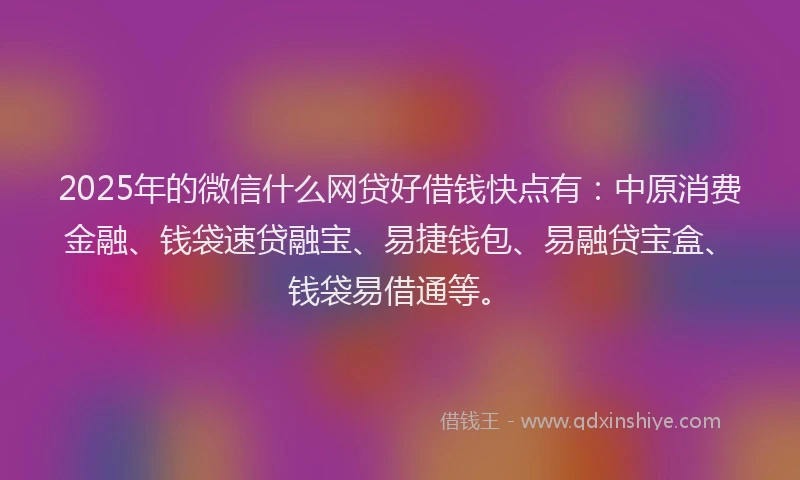 2025年的微信什么网贷好借钱快点有：中原消费金融、钱袋速贷融宝、易捷钱包、易融贷宝盒、钱袋易借通等。