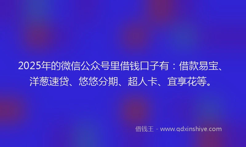 2025年的微信公众号里借钱口子有：借款易宝、洋葱速贷、悠悠分期、超人卡、宜享花等。