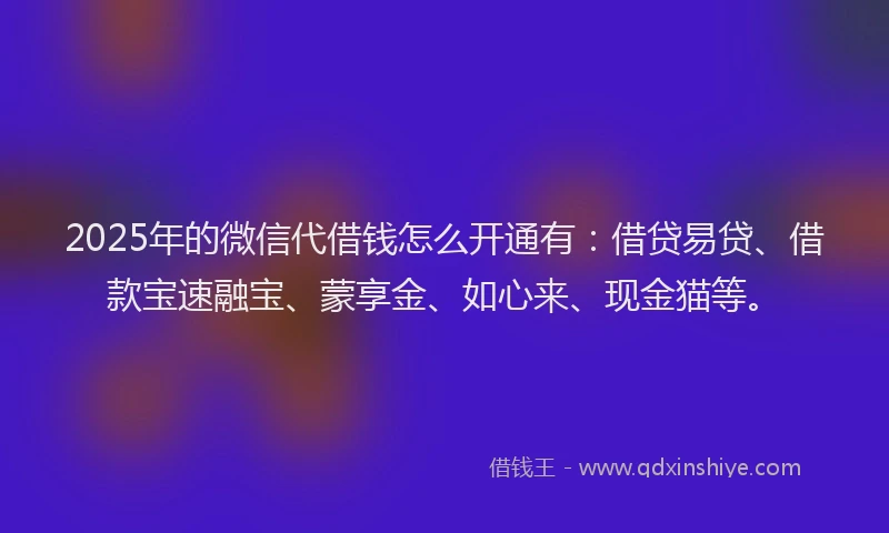2025年的微信代借钱怎么开通有：借贷易贷、借款宝速融宝、蒙享金、如心来、现金猫等。