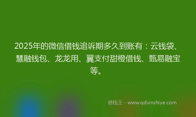 2025年的微信借钱追诉期多久到账有：云钱袋、慧融钱包、龙龙用、翼支付甜橙借钱、甄易融宝等。
